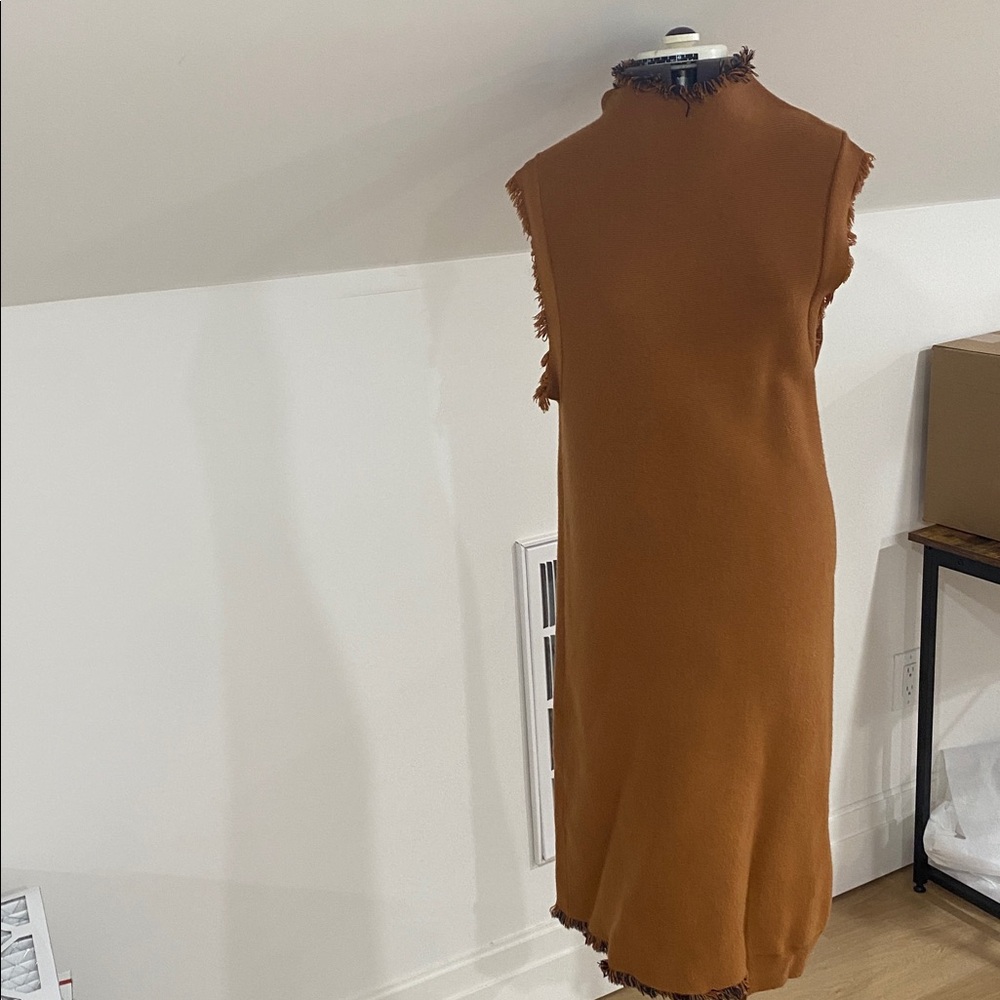 Sleeveless burnt orange sweater Dress with navy and orange fringe